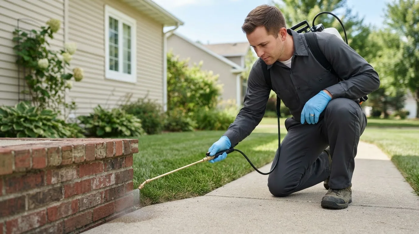 Pest control technician treating a home near Pillsbury, ND