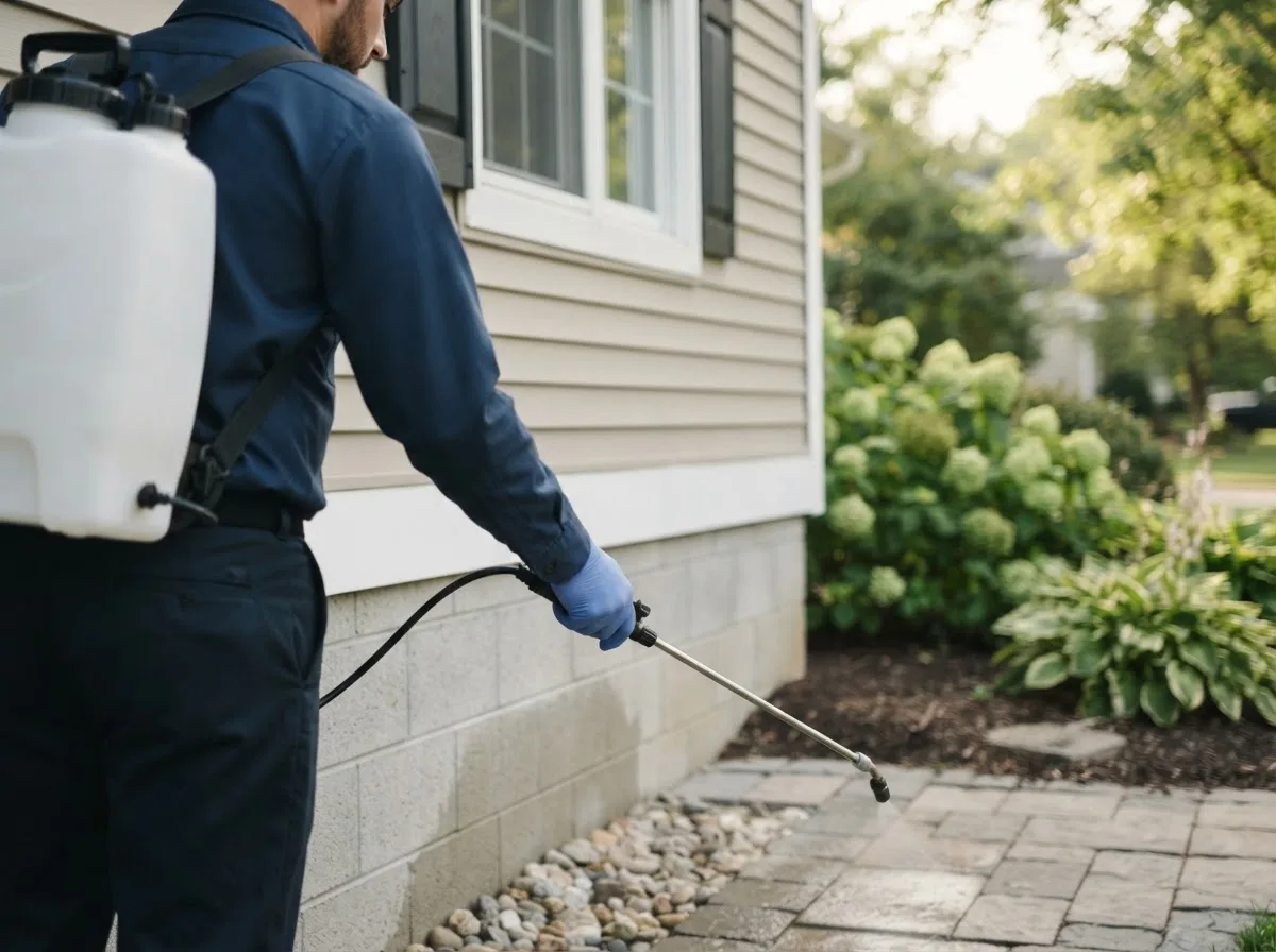 Pest control technician inspecting a home in Pillsbury, ND